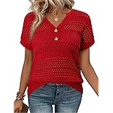 ONLYSHE Womens Summer Short Sleeve Shirts V Neck Crochet Knit Sweater Hollow Out Striped Tops Vacation Cover Ups Outfits