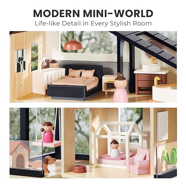 TINY LAND DOLL HOUSE, MODERN FAMILY DOLLHOUSE WITH REALISTIC DESIGN, WOODEN DOLLHOUSE WITH 53PCS FURNITURE – IDEAL GIFT FOR KIDS AGES 3+