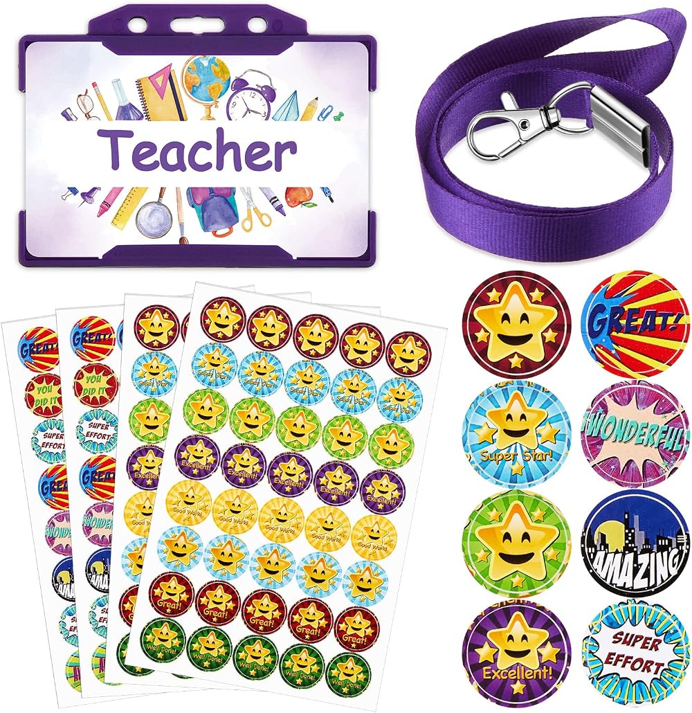 Tenare 7 Pcs Teacher Roleplay Kit with ID Card Lanyard and Stickers Purple Star