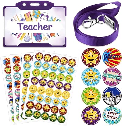 Tenare 7 Pcs Teacher Roleplay Kit with ID Card Lanyard and Stickers Purple Star