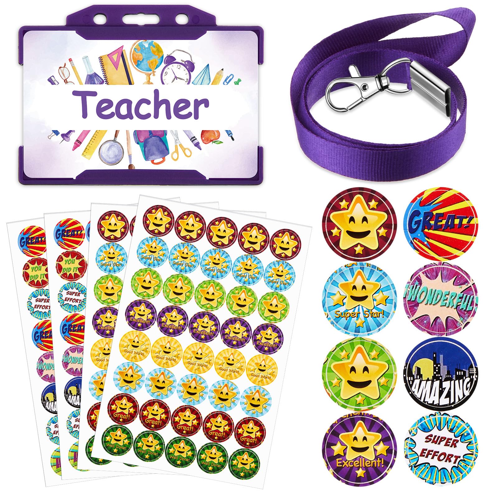 Tenare 7 Pcs Teacher Roleplay for Kids Pretend Teacher Set Novelty Lanyard and Stickers Pretend ID Card Behaviour Reward Stickers School Stuff Kids Role Play Game Accessories (Star, Purple)