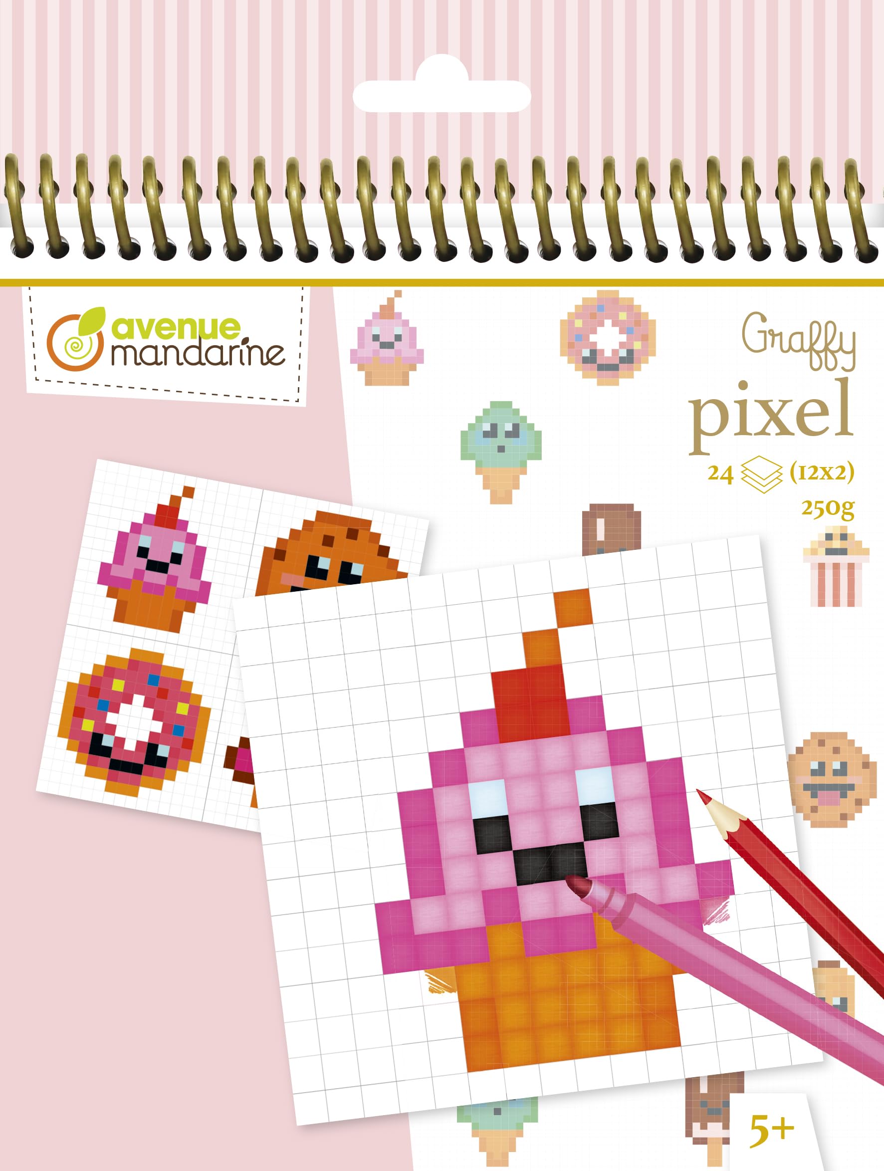 Avenue Mandarine - Ref GY099C - Graffy Pixel Colouring Book - Kawaii Sweets - Pixel Art, 250gsm Drawing Paper, 12 Designs, 24 Squared Sheets, Spiralbound