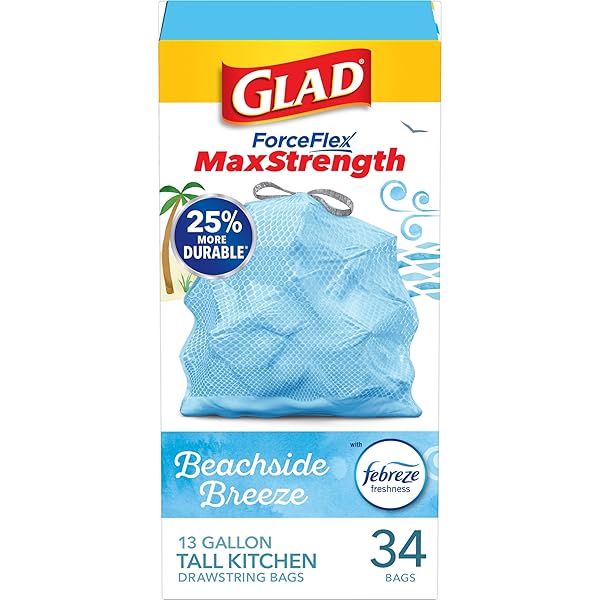 GLAD FORCEFLEX MAXSTRENGTH TRASH BAGS, 13 GAL, BEACHSIDE BREEZE, 34 CT (PACKAGE MAY VARY)