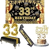 33rd Birthday Decorations Men Women with 33rd Birthday Banner, Black and Gold Table Cloth, Number Balloons, Large Sash, Cake Topper and Candles