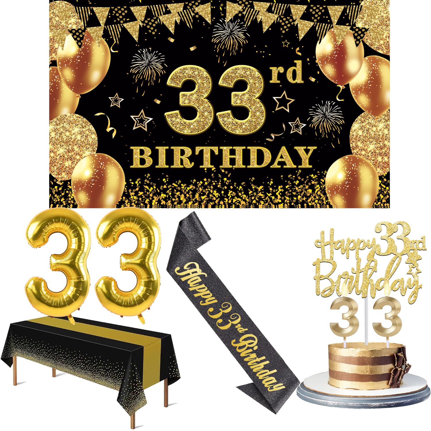 Photo 1 of 33rd Birthday Decorations Men Women with 33rd Birthday Banner, Black and Gold Table Cloth, Number Balloons, Large Sash, Cake Topper and Candles