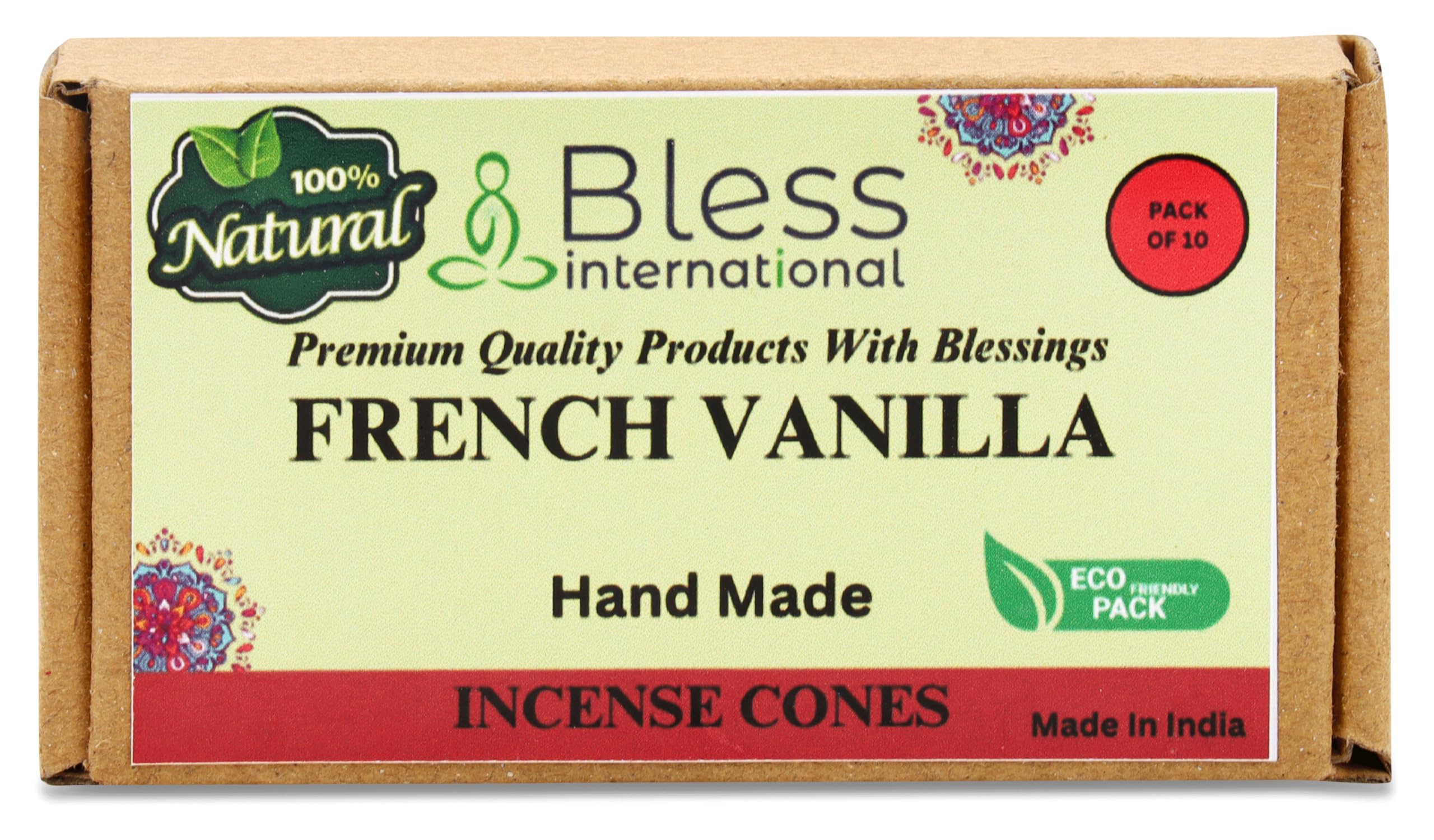 Bless International French-Vanilla 100%-Natural-Incense-Cones Handmade-Hand-Dipped Organic-Chemicals-Free for-Purification-Relaxation-Positivity-Yoga-Meditation The-Best-scents (10 Count)