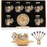 Alisveristime (SET OF 6 Handmade Turkish Tea Water Zamzam Serving Set Glasses Saucer and Spoon (Ottoman) (Gold)