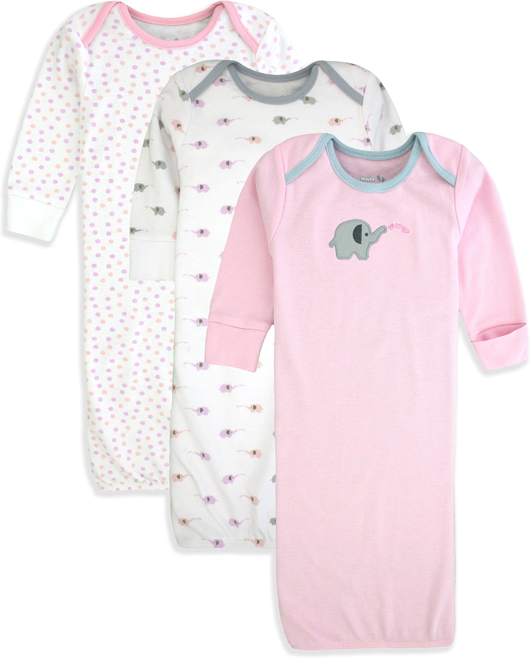 Maybe Baby Kids Infant Boys' and Girls' 3 Pack Set Cotton Baby Nightgowns w/Mitten Cuffs, 0-6 Months