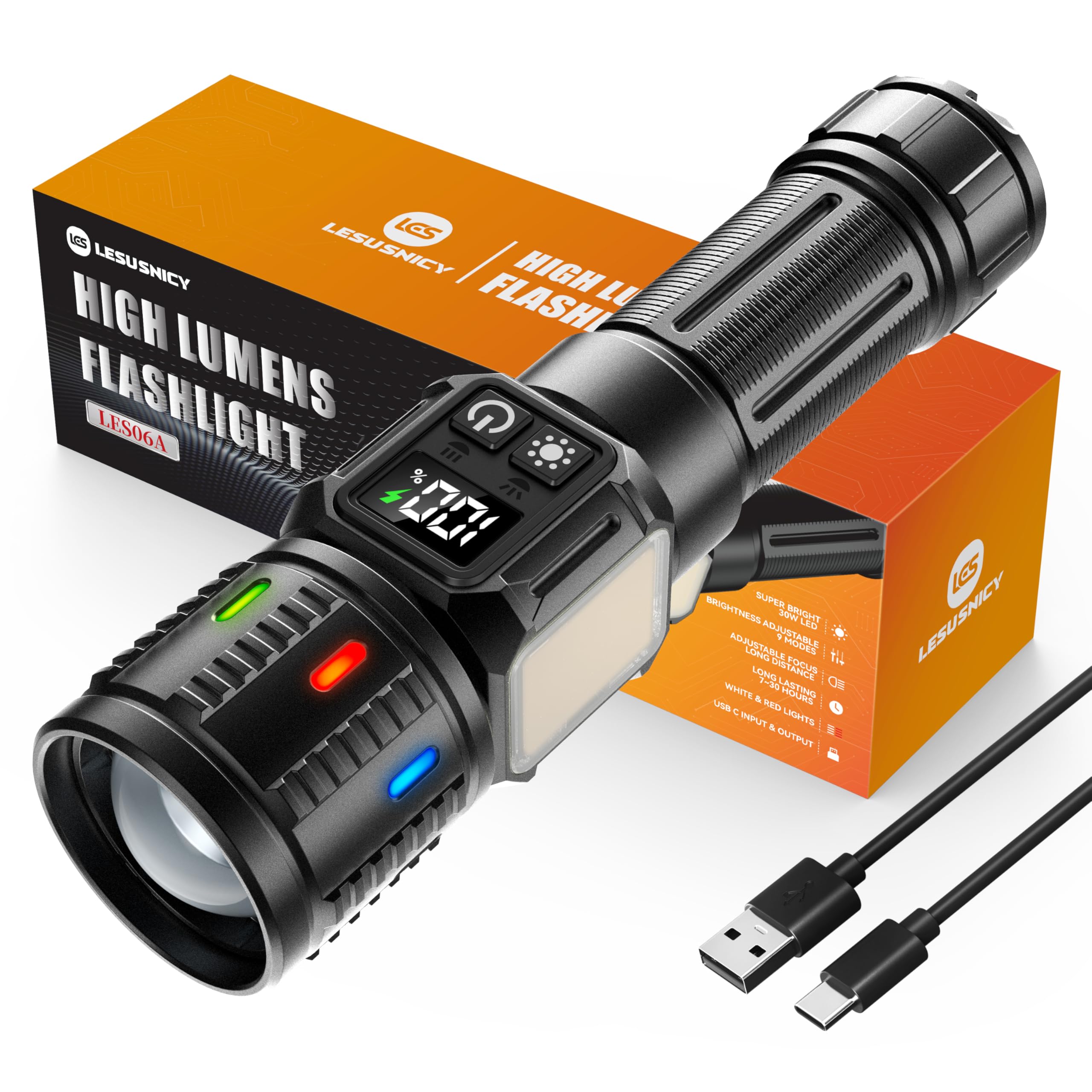 lesusnicy Rechargeable Flashlights High Lumens 10000, Super Bright LED Flash Light Long Lasting USB C LCD Display, Daul Light Source & Buttons with Red Light, for Camping Hiking Emergency Home Gift