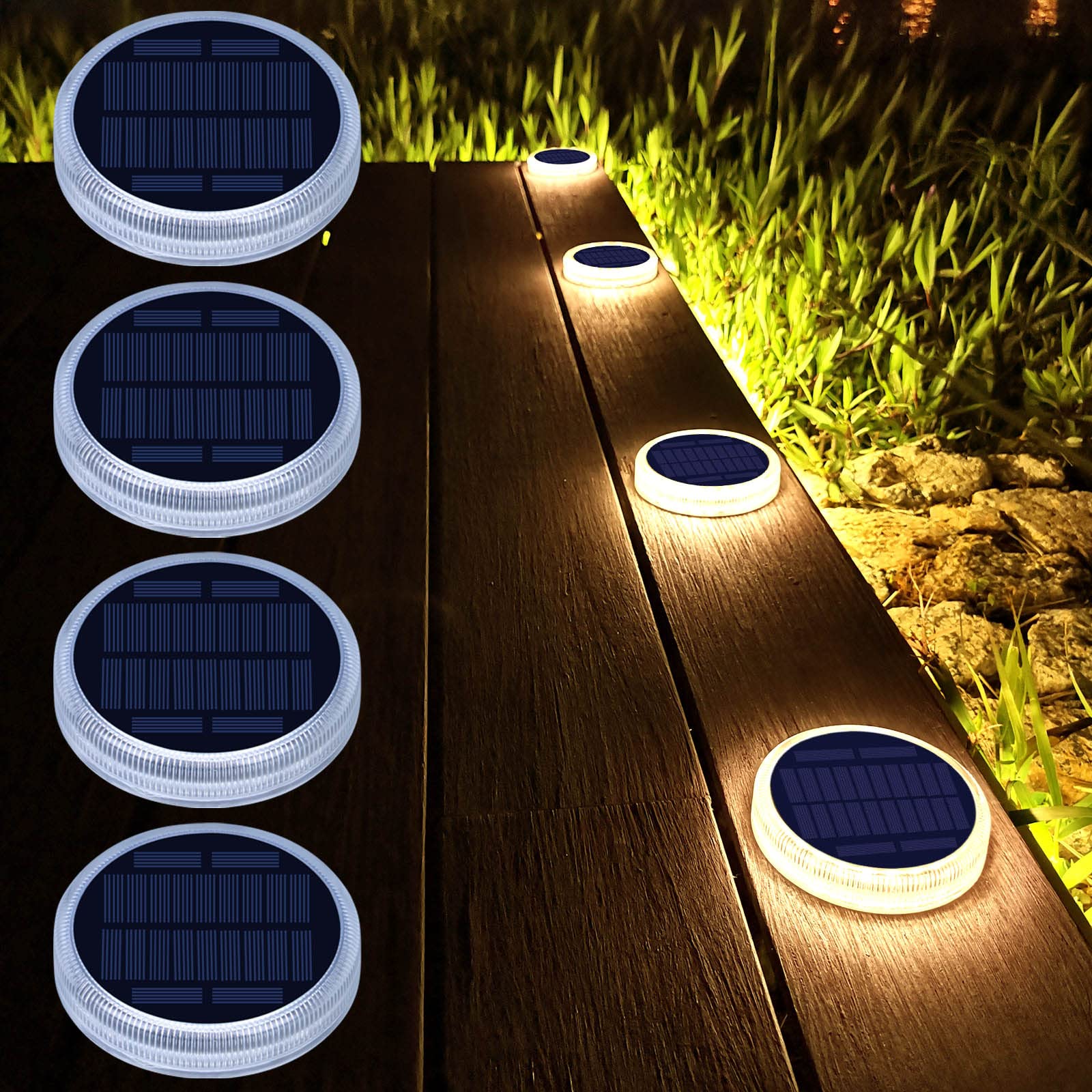 Solar Deck Lights, Ground Driveway Walkway Dock Light Solar Powered Outdoor Waterproof Stair Step Pathway LED Lamp for Backyard Patio Garden, auto On/Off - Warm White - Round - 4 Pack