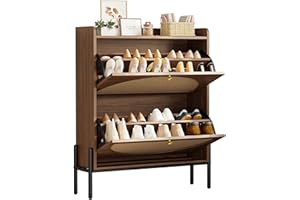 IRONCK Shoe Cabinet Storage with 2 Flip Drawers, Free Standing Wooden Shoe Storage Organizer Cabinet with Rattan Doors for Entryway, Narrow Shoe Rack Cabinet, Walnut