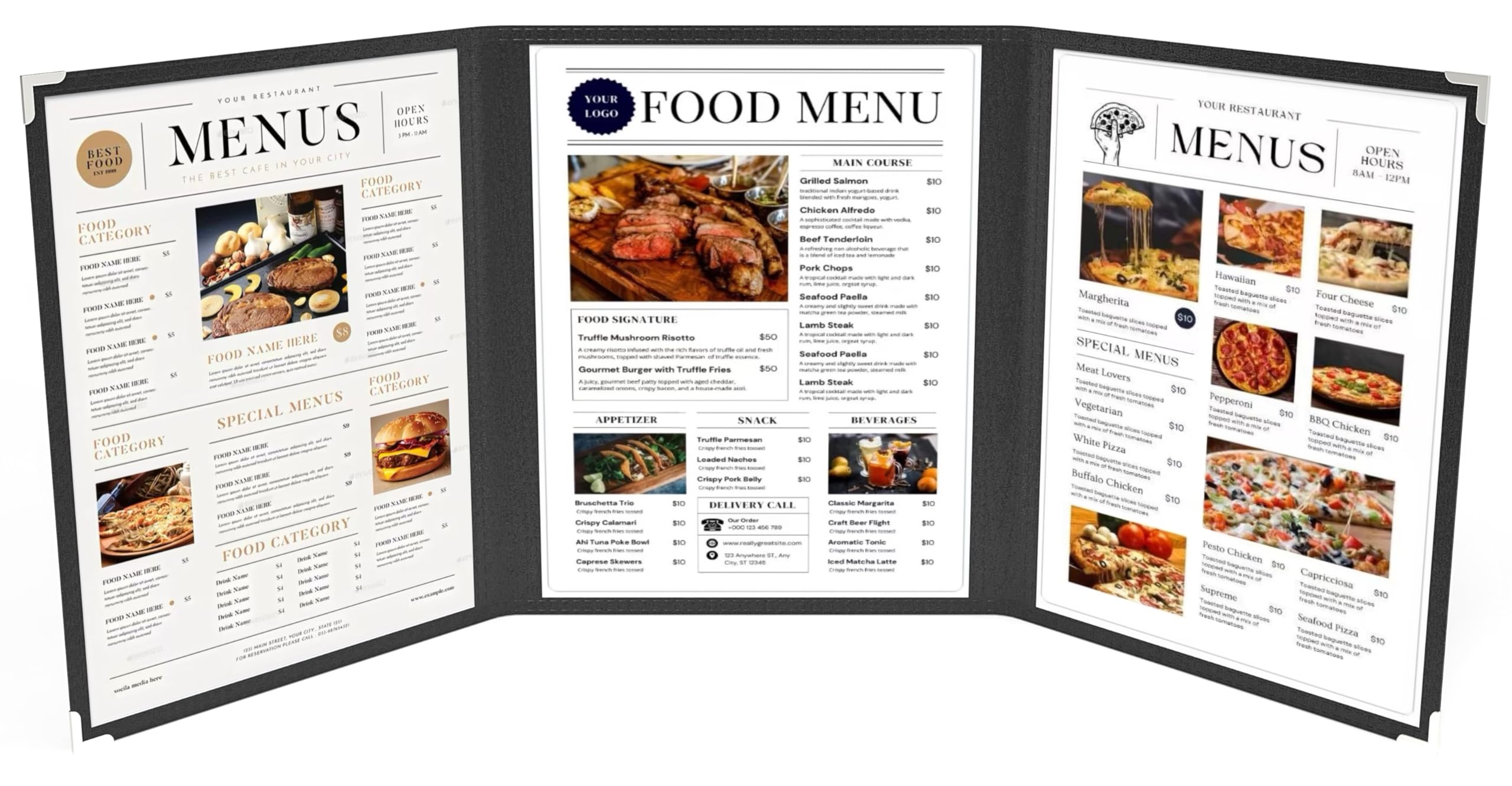 Photo 1 of ***PLASTIC COVERS***10 Pack Menu Covers 8.5" x 14" Legal Size 3-Fold 3 Pockets 6 Views Double Panels Metal Corner Clear View Water Proof Restaurant Bar Café Drink Wine Baking Kids DIY (Black-Silver)***PLASTIC COVERS***