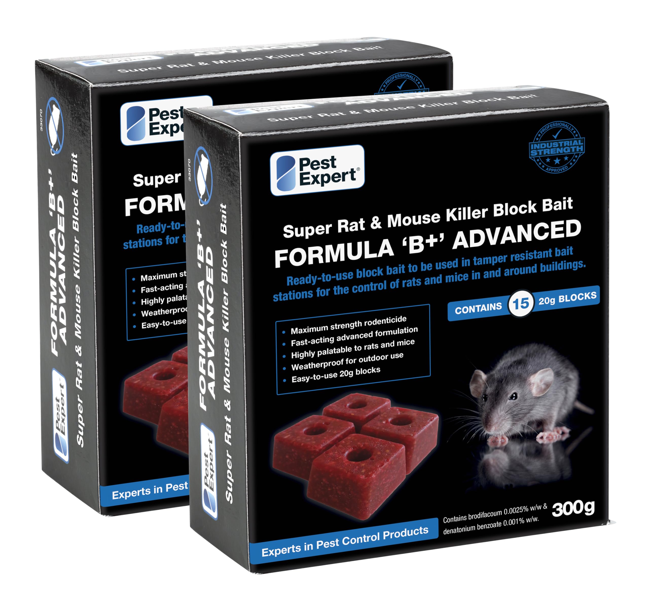 Pest Expert Formula 'B+' Advanced Rat & Mouse Killer Poison Bait Blocks Super Strength 600g (2 x 300g) - Premium Single Feed Brodifacoum, Strongest Available Online (1)