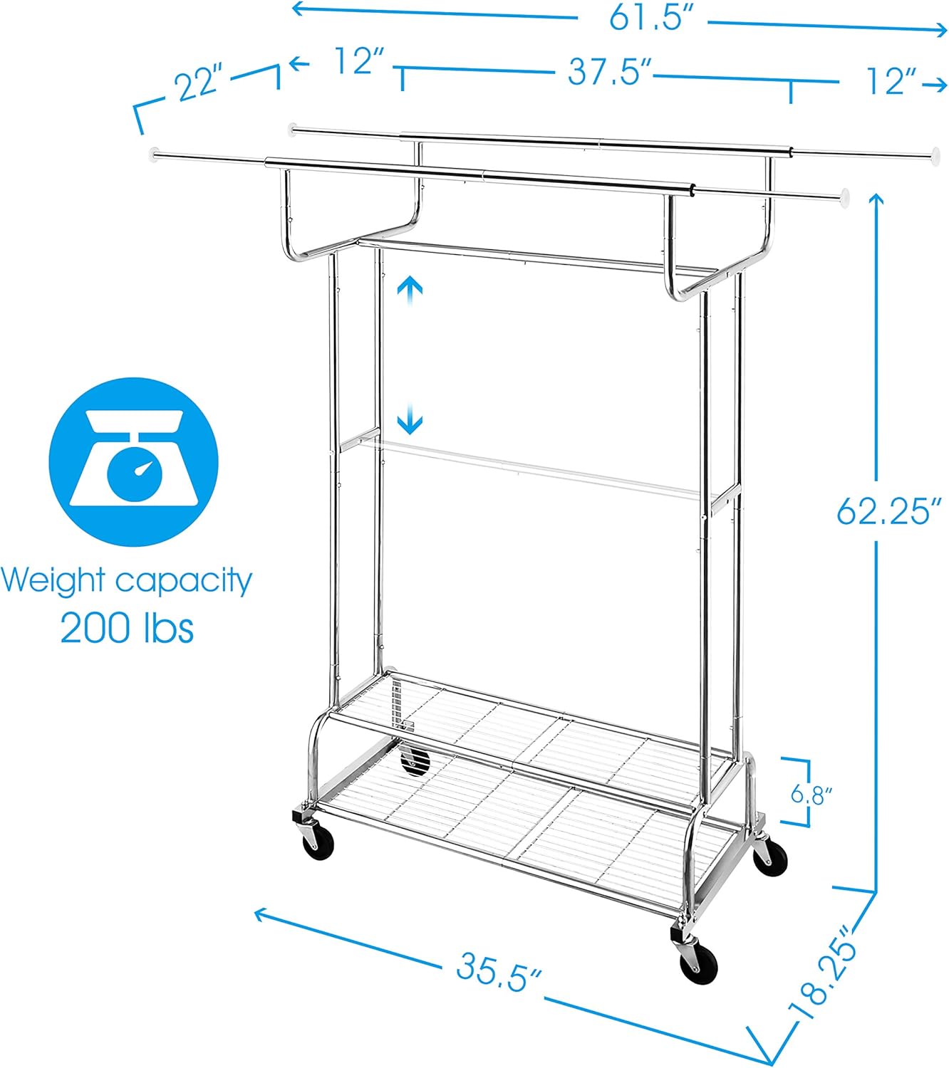 Simple Trending Double Rail Clothes Garment Rack, Heavy Duty Commercial Grade Clothing Rolling Rack on Wheels and Bottom Shelves, Holds up to 300 lbs, Chrome: Home Improvement