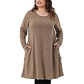 Agnes Orinda Plus Size Long Sleeve Dress for Women 2025 Fall Fashion Buttons Side Crew Neck Knit Tunic Dress with Pockets