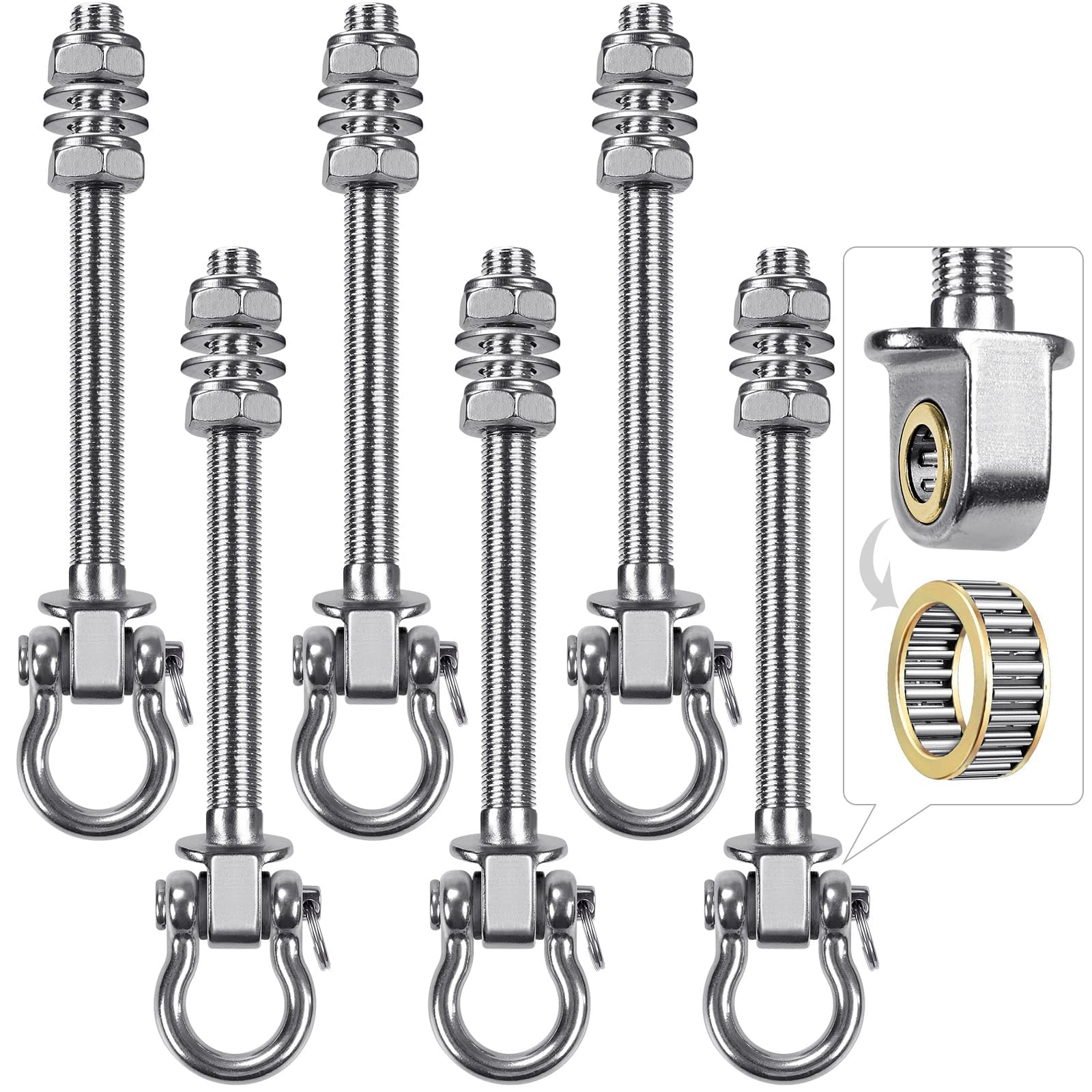 BeneLabel 6pcs Swing Hanger Bearing, 225mm Heavy Duty Hammock Hook M10 Hanging Chair Screw Eye Bolt Swivel Ceiling/Beam Mounting Bracket Kit for Yoga Rope/Aerial Hoop/Punching Bag/Sandbag,1500lbs