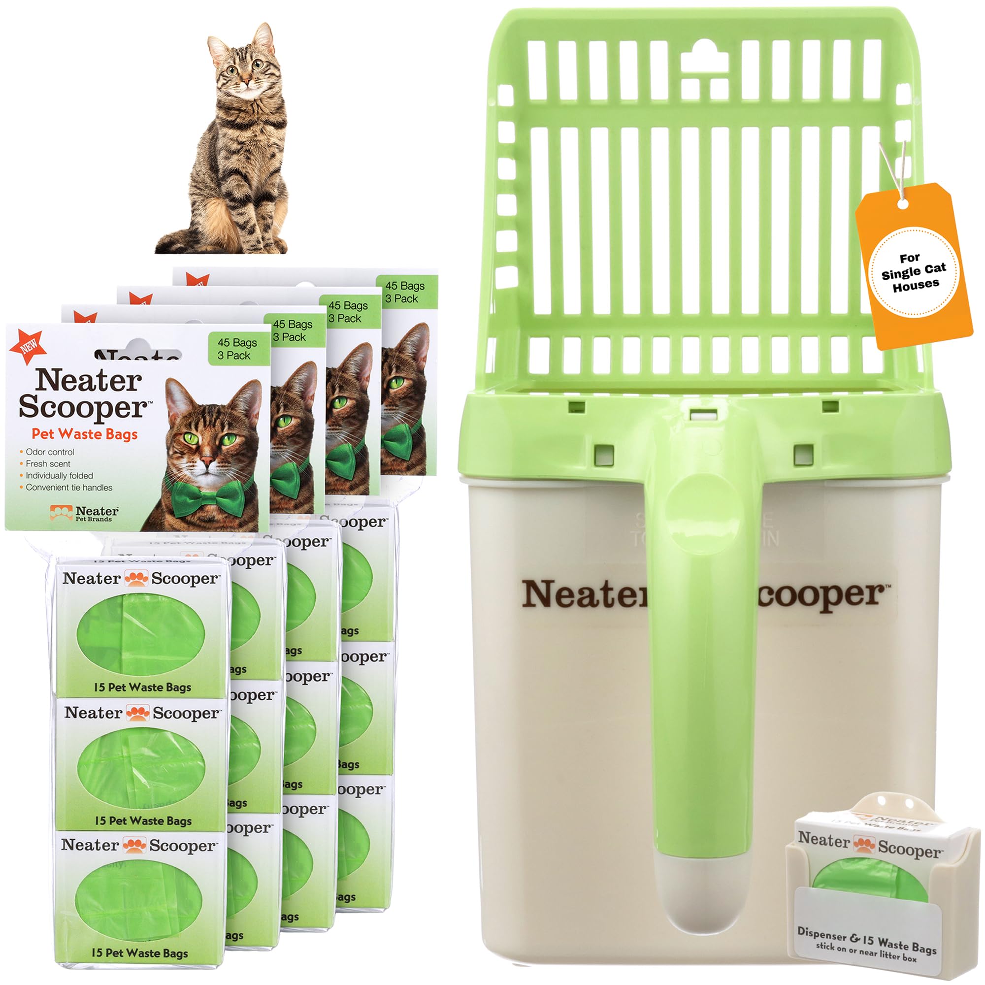 Neater Pet Brands - Neater Scooper Cat Litter Scoop and 195 Count Refill Bag Bundle - Cat Litter Sifter Poop Scoop System with Extra Waste Bags, Green