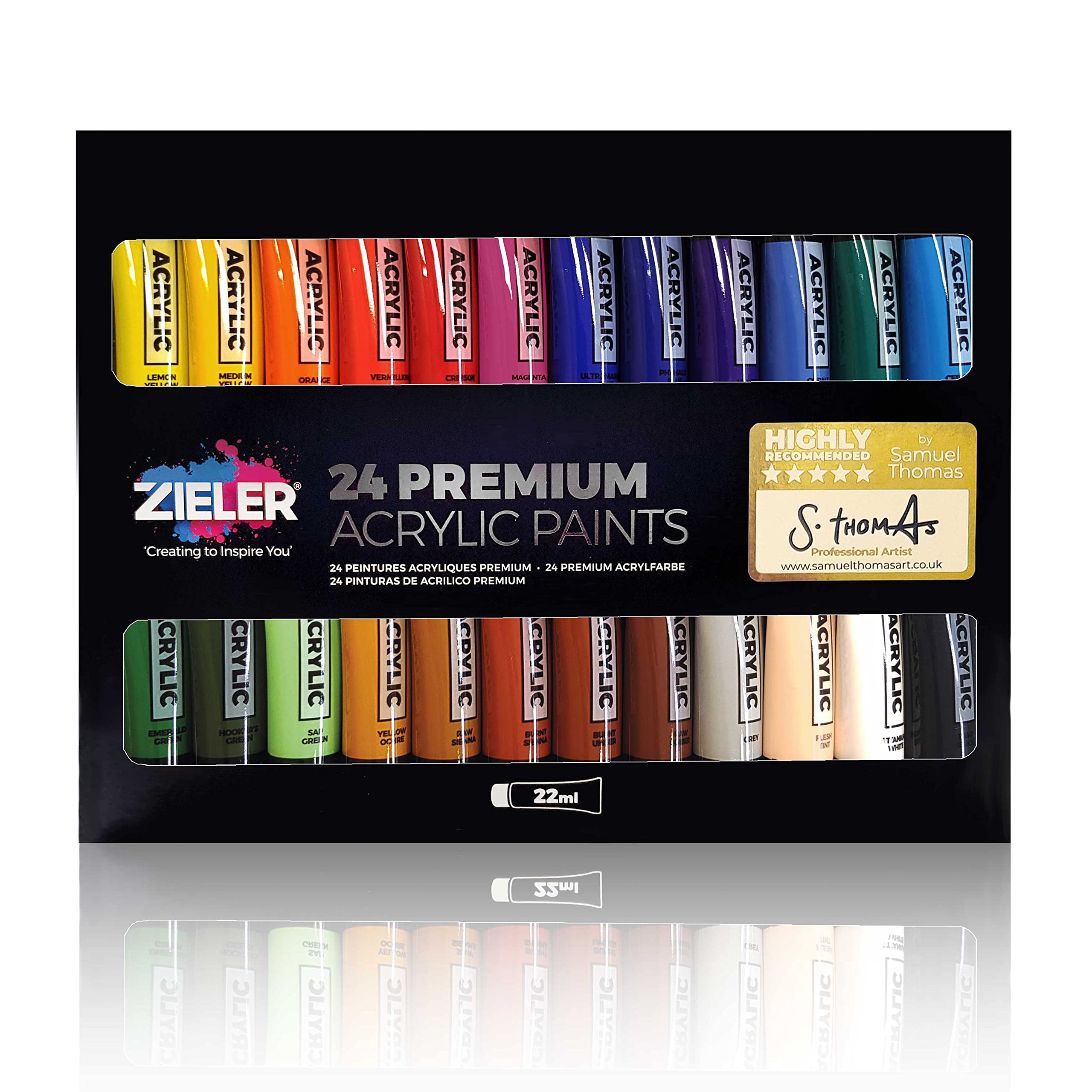 Zieler Premium Acrylic Paint Set (24 Large 22ml Tubes) Ideal for Paper, Canvas, Wood, Ceramic, Fabric & Crafts. Vibrant Colours & Rich Pigments