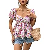 Floerns Women's Allover Floral Print Sweetheart Neck Puff Sleeve Peplum Blouse Top