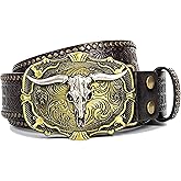 IZUS Men's Retro Western Cowboy PU Leather Belt Longhorn Buckle Decoration Floral Engraved for Jeans