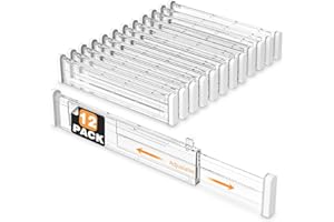 HiYZ Expandable Drawer Dividers - 12.6-22.8'' Adjustable Drawers Organizers for Kitchen Utensils, Drawer Separators in Bedroom, Dresser, Office, Bathroom, Fridge, 12 Pack Long Dividers-Clear