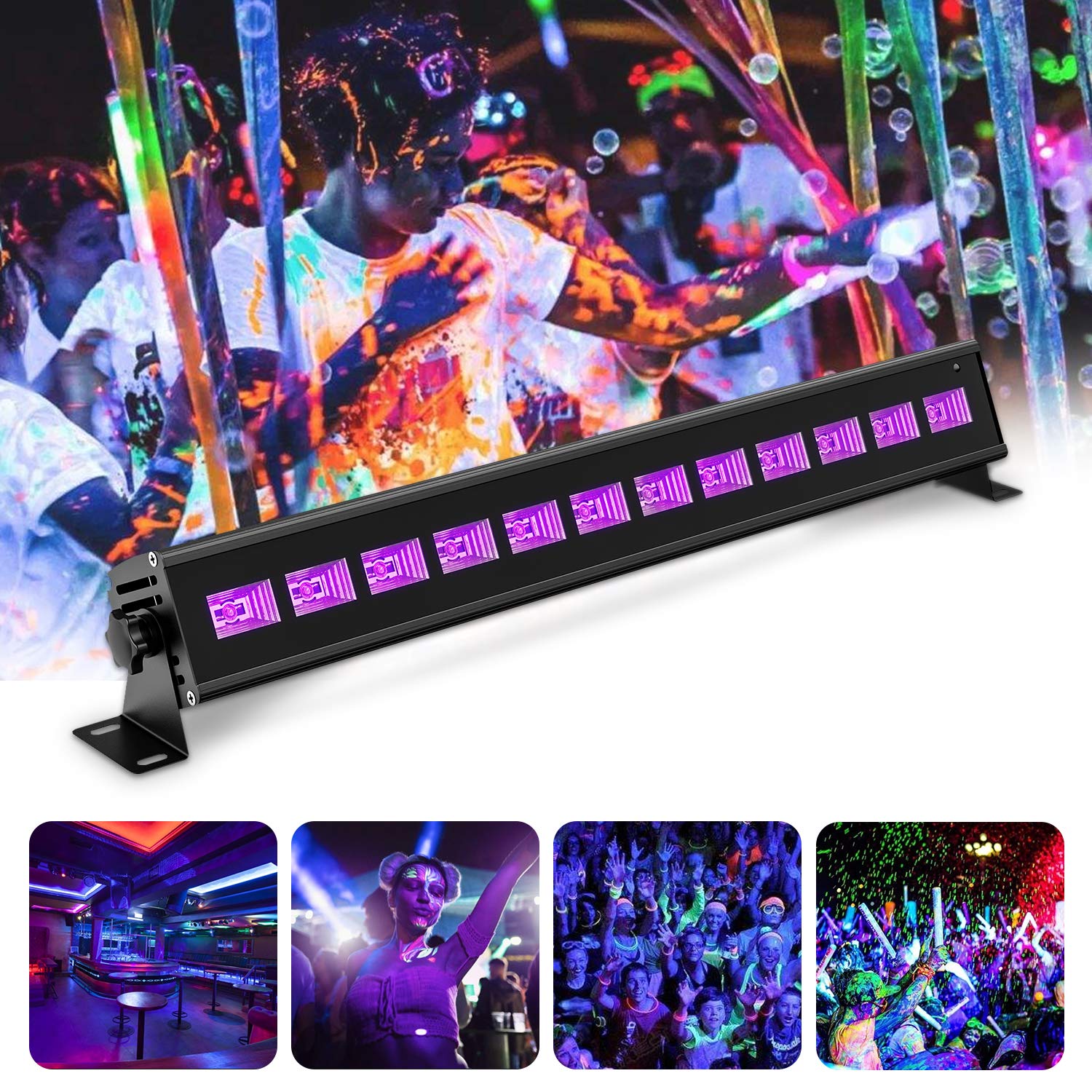 Moukey UV LED Black Lights Bar, 36W Ultraviolet Adjustable Wall Light DMX 7 Channels Music Remote Control with Blacklight Bulbs in Metal Housing for DJ Party Body Paint Stage Lighting