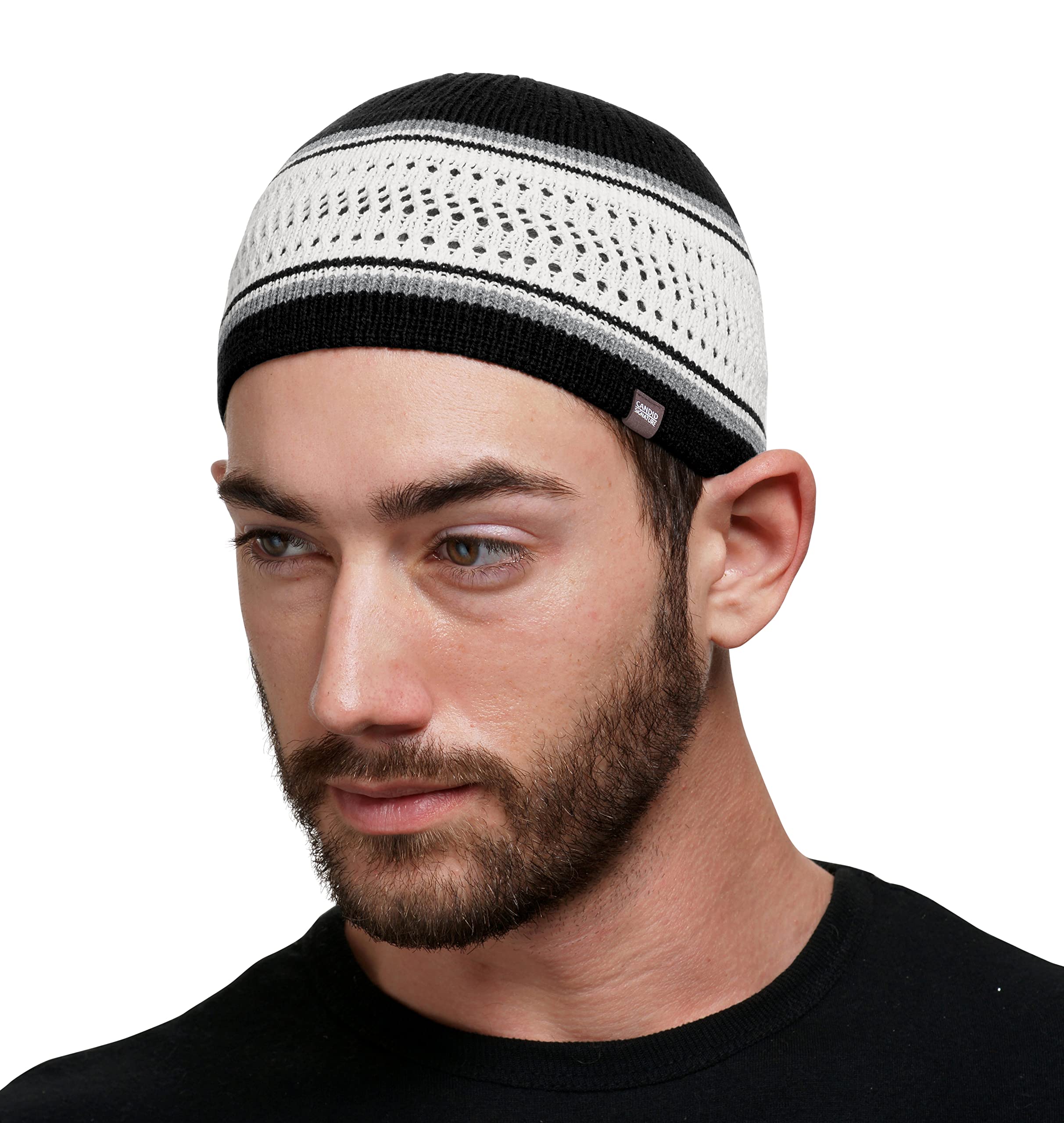 Photo 1 of Muslim Bookmark Breathable Cotton Stretchy Kufi for Men in Cool Designs - Helmet Liner, White and Black with Gray Stripes