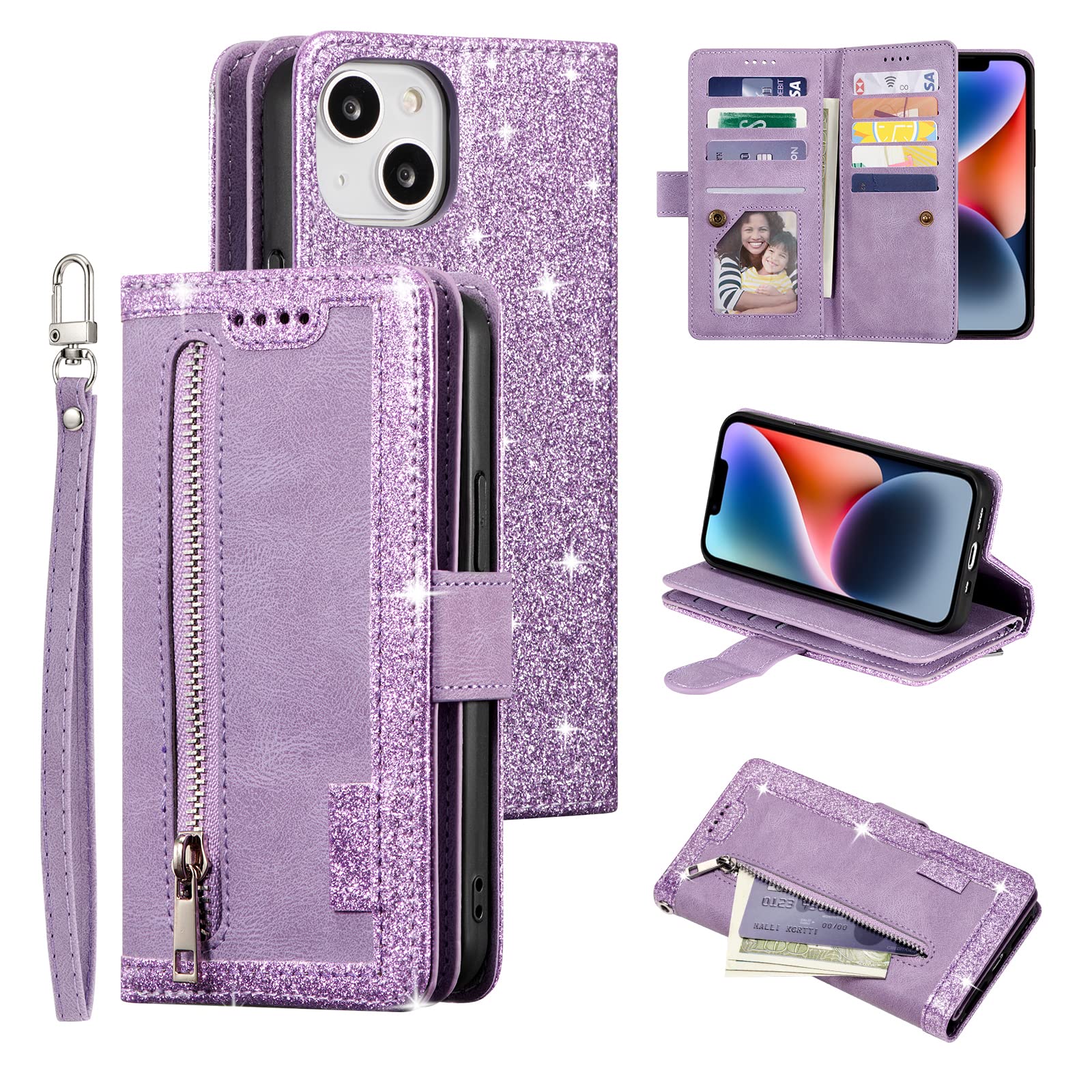UEEBAI Wallet Case for iPhone 14 6.1 inch, Retro 9 Card Holder Slots Zipper Pocket Handbag Case PU Leather Magnetic Closure Kickstand with Wrist Strap TPU Shockproof Flip Case - Glitter Purple