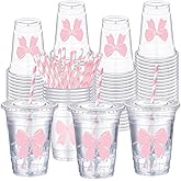 Sliner 25 Pcs 16 oz Coquette Disposable Plastic Cups with Straw for Party Supplies Bow Cups Birthday Wedding Bridal Engagement Party Drinkware Baby Shower Decoration (Pink Bow)