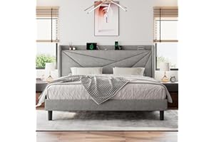 Einhomn King Size Upholstered Bed Frame with Charging Station, Platform Bed Frame with Storage Headboard, Solid Wood Slats Support, No Box Spring Needed, Light Gray