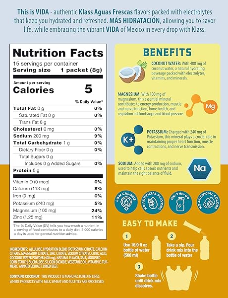 KLASS VIDA ELECTROLYTE DRINK MIX – PINEAPPLE AGUA FRESCA FLAVOR | SUGAR-FREE HYDRATION POWDER WITH COCONUT WATER & MINERALS | 15 SINGLE-SERVE STICK PACKS, LOW CALORIE, NATURAL FLAVOR