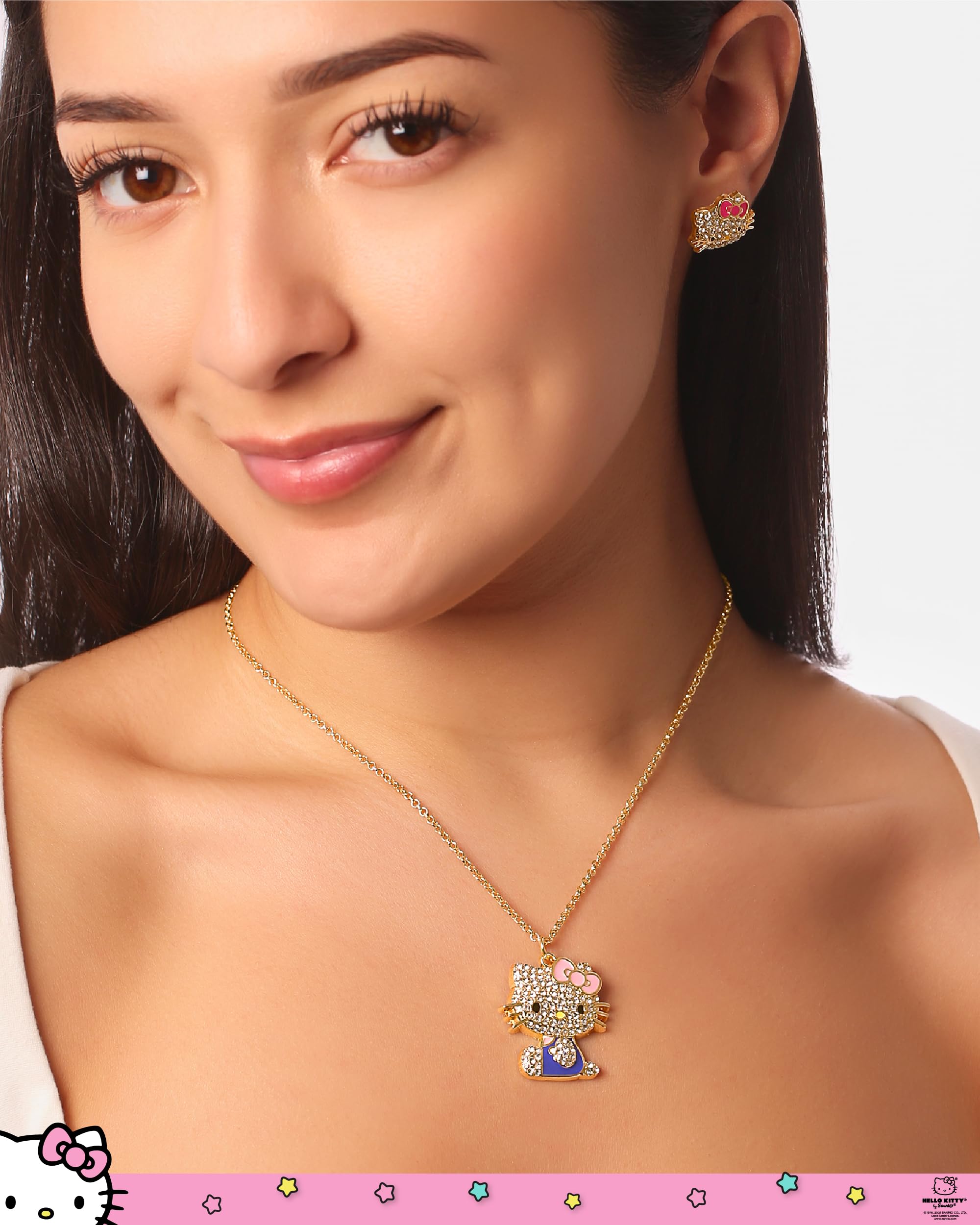 SALLY ROSE Hello Kitty Pink and Blue Enamel and Pave Necklace Official License, Gold Plated 16+3 Hello Kitty Necklace, Sanrio Gifts