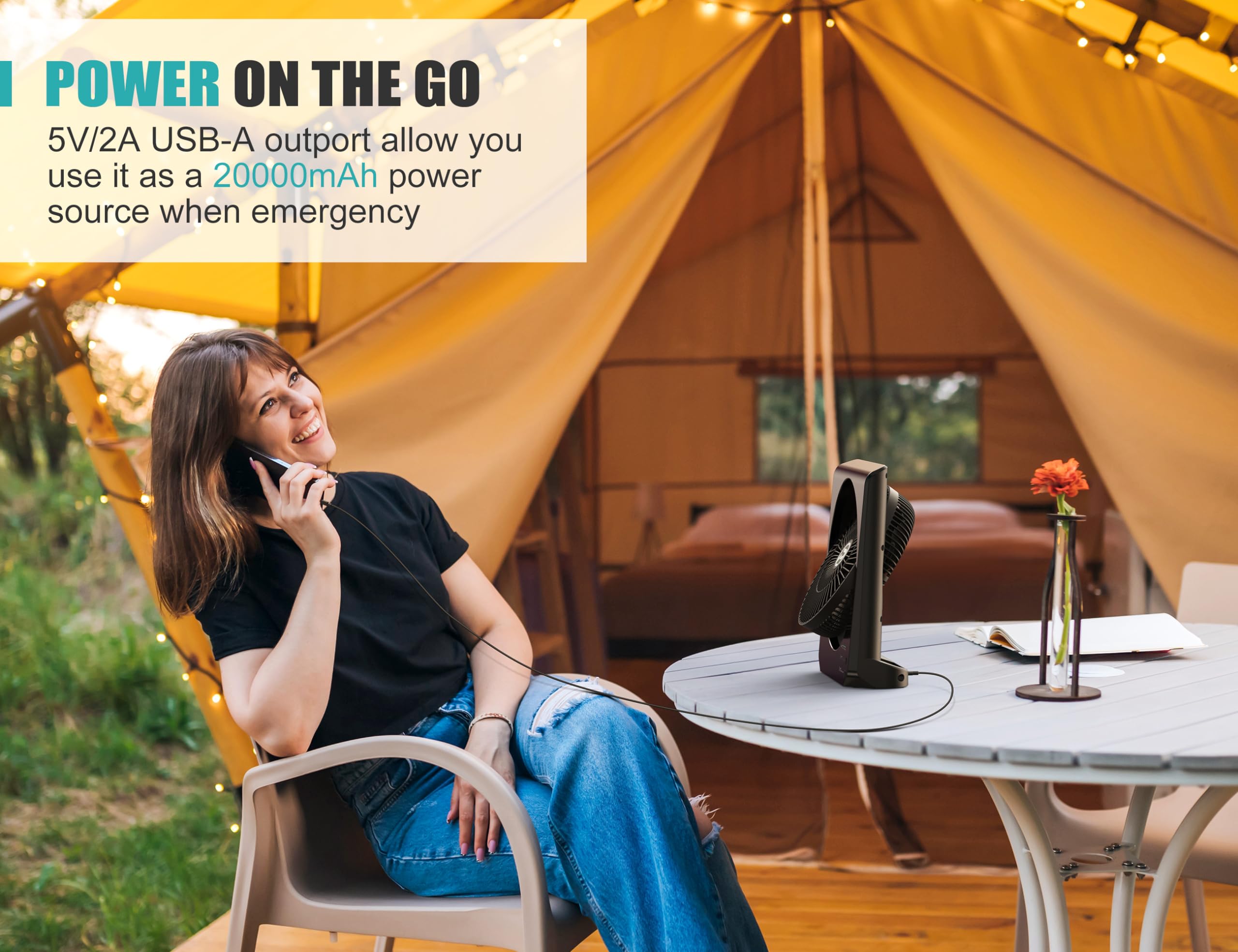 20000mAh Rechargeable Fan for Camping - 55h Super Long Last Battery Operated Fan, 10