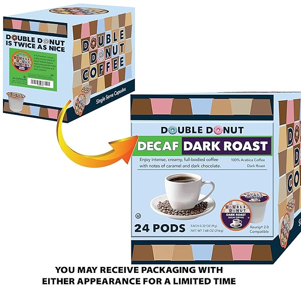 DOUBLE DONUT COFFEE DECAF DARK ROAST COFFEE PODS, EXTRA BOLD BLEND COFFEE, SINGLE SERVE COFFEE FOR KEURIG K CUPS MACHINES, DECAF DARK ROAST COFFEE IN RECYCLABLE PODS, 24 COUNT