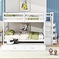 XD Designs Solid Wood Full Over Full Bunk Bed with Stairway and Twin Size Trundle, Full Size Bunk Bed Frame with Guard Rail and 4 Drawers for Kids Teens Adults Bedroom, Dorm (White-WB)