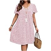 SOLY HUX Women's Plus Size Boho Floral Dress V Neck Short Sleeve Flowy Vacation Summer Dresses