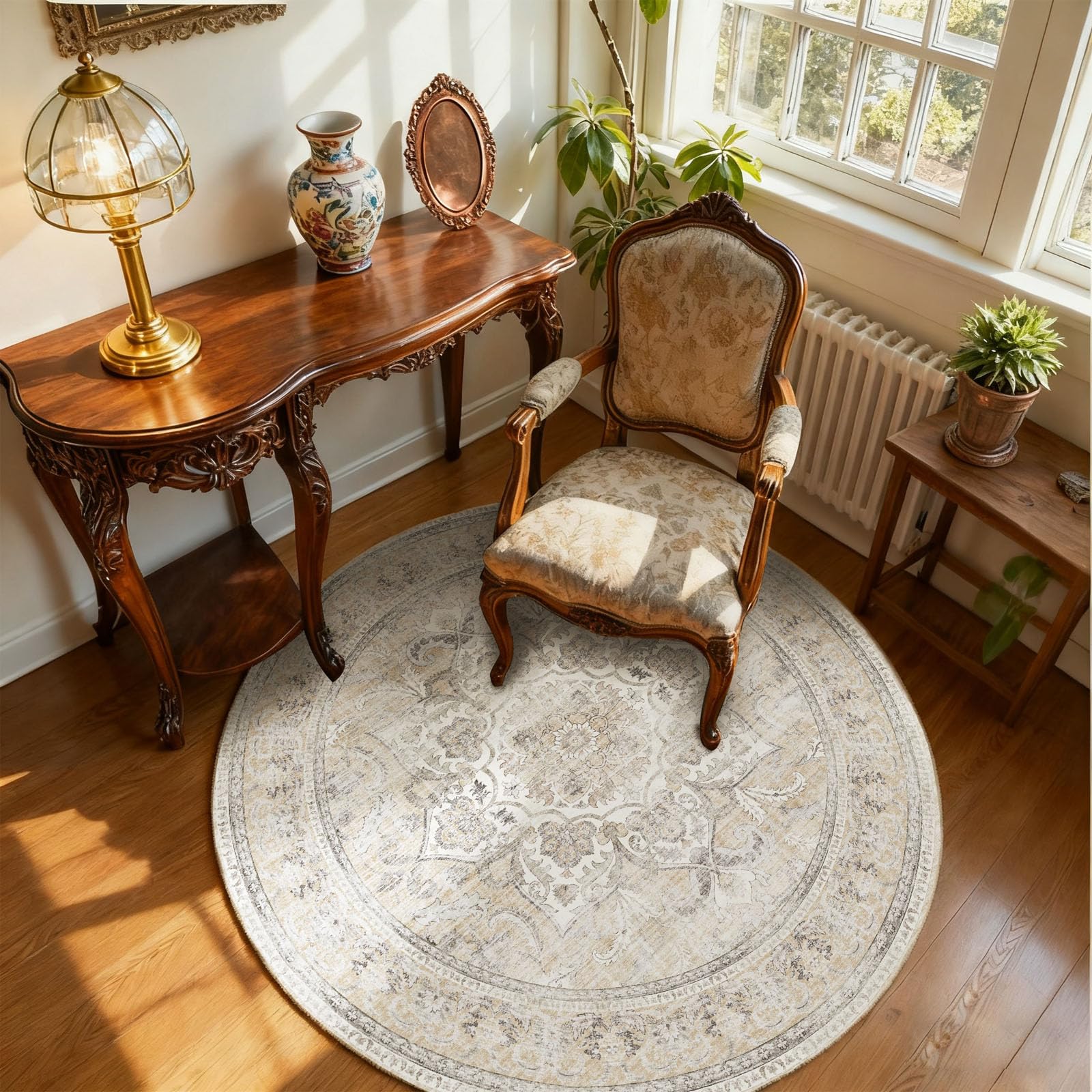 Photo 1 of 4x4 Round Bedroom Rug Washable: Round Boho Rug Stain Resistant Non Slip Low Pile Small Carpet for Bedroom Kitchen Entryway Living Room Bedside Office Dorm Kids Room Entrance