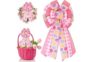 Juinte Large Easter Wreath Bow Pink Spring Bow 10 x 18 Inch Colorful Multilayer Wreath Ribbon Bow with Easter Eggs Pattern Tree Topper Bows for Front Door Indoor Outdoor Wall Decor