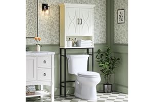 Baztin Over The Toilet Storage Cabinet, Over The Toilet Cabinet with Doors, Over Toilet Bathroom Organizer Above Toilet Storage Cabinet with Inner Adjustable Shelf and Anti-Tip Device, Cream White