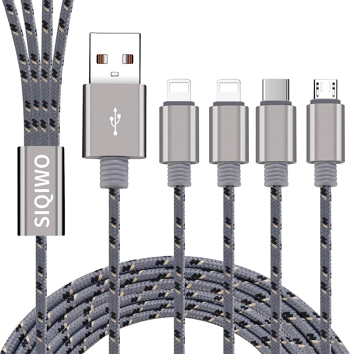 SIQIWO Multi Charging Cable 3A/1.2M, Nylon Braided 4 in 1 USB Fast Charger Cord with 2*iP Micro USB Type C Cable Connector for Phone, Samsung Galaxy, Pixel, Huawei, Moto, LG, Sony, Xiaomi, Kindle
