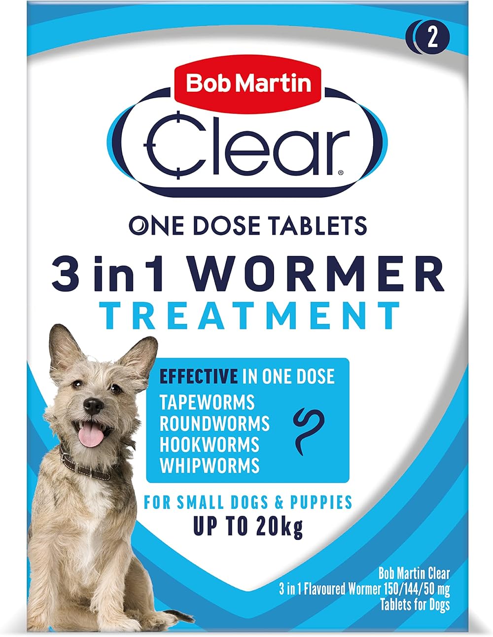 Bob Martin Clear 3-in-1 Wormer for Dogs 2 Tablets Small Dogs up to 20kg