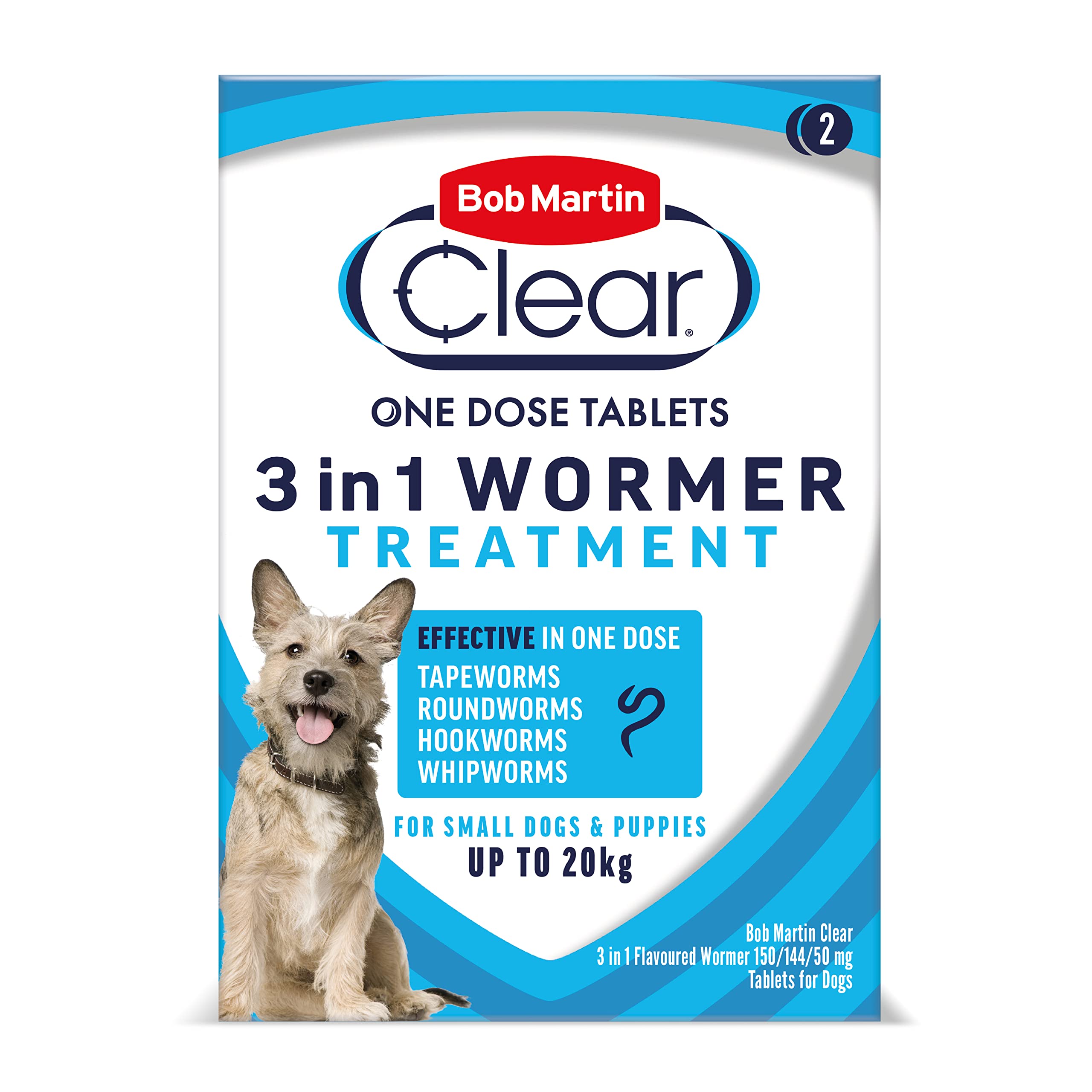 Bob Martin Clear 3-in-1 Wormer for Dogs (2 Tablets) - For Small Dogs and Puppies up to 20kg, Clinically Proven Treatment