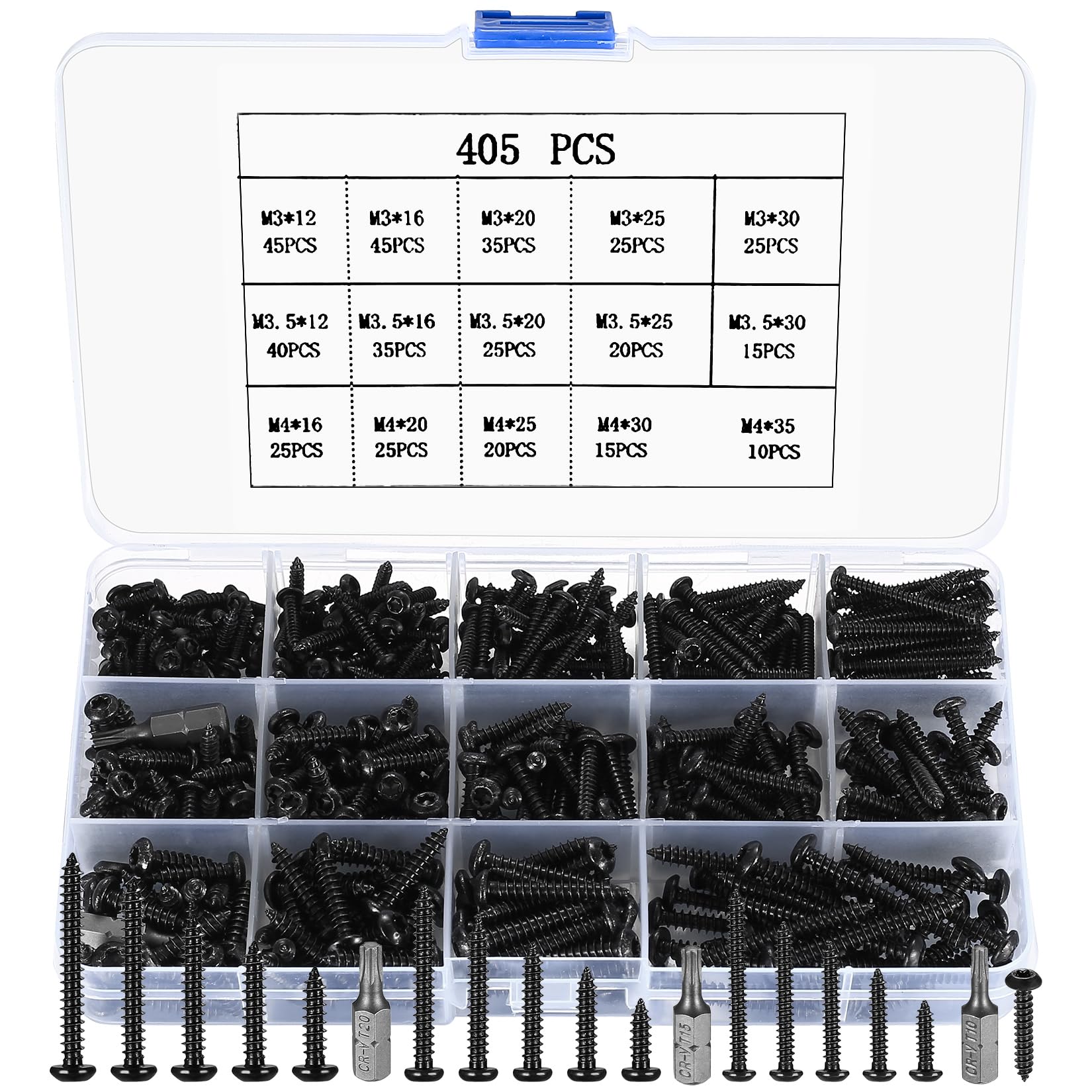 405 pcs Black carbon steel Torx Head Screws Set, M3/M3.5/M4, Flat & Round Head Woodbuilding and Self-tapping Screws Assortment Kit, with 3pcs Drill Bits