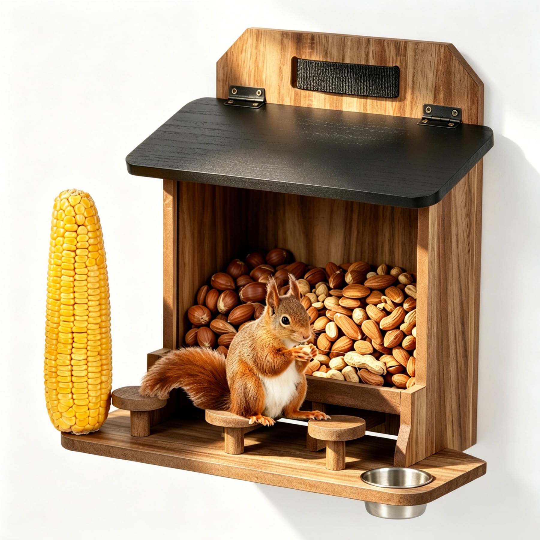 JAZUIHA Wooden Squirrel Feeder, Squirrel House Weatherproof for Outdoor Use, Chipmunk Feeding Station with Picnic Table, Water Bowl and Corn Holder