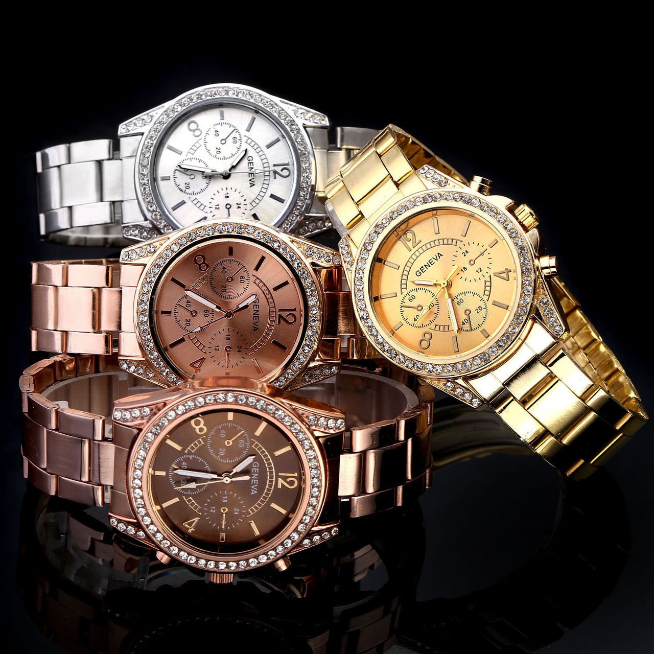 JSDDE Les femmes exquis cristal de luxe strass cristal Montre acier inoxydable bracelet faux Chronographe Quartz Analog Montre(Or Rose)