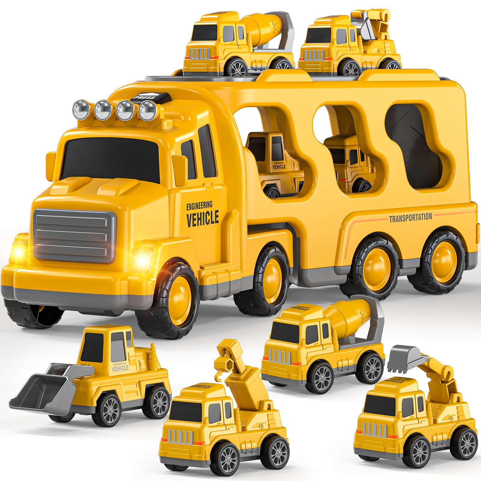 Photo 1 of TEMI Construction Truck Toys for 3-7 Years Old Boys - Kids Friction Powered Car Toys for Toddler Ages 3-5, Carrier Play Vehicles Set with Sound and Light, Birthday Gifts for Toddlers 1-3