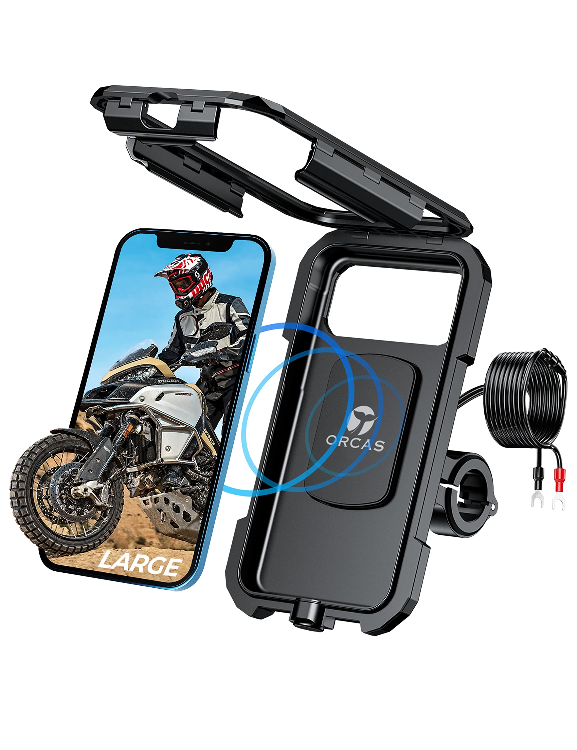 ORCAS TECHNOLOGY Motorbike Phone Holder Waterproof with Wireless Charger - Type-C USB Charging Motorcycle Mount for Handlebar and Mirror, Compatible up to 7 inches Phones with Qi Fast Charging