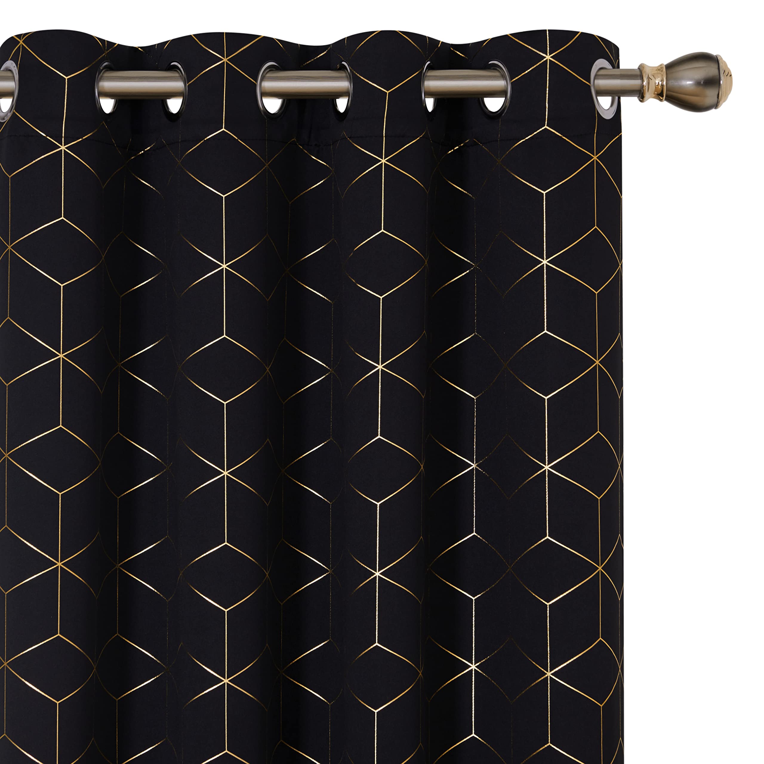Deconovo Blackout Eyelet Curtains, Noise Reduction Gold Diamond Printed Thermal Insulated Curtains for Bedroom, 66 x 54 Inch(Width x Length), Black, One Pair