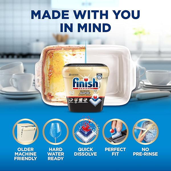 FINISH ULTIMATE QUANTUM INFINITY SHINE DISHWASHER PODS, NEW & IMPROVED FORMULA, DISHWASHER DETERGENT DISH SOAP, REMOVES BURNT-ON & DRIED-ON STAIN, DEGREASING, SCRUBBING, & SHINING POWER, 62 COUNT