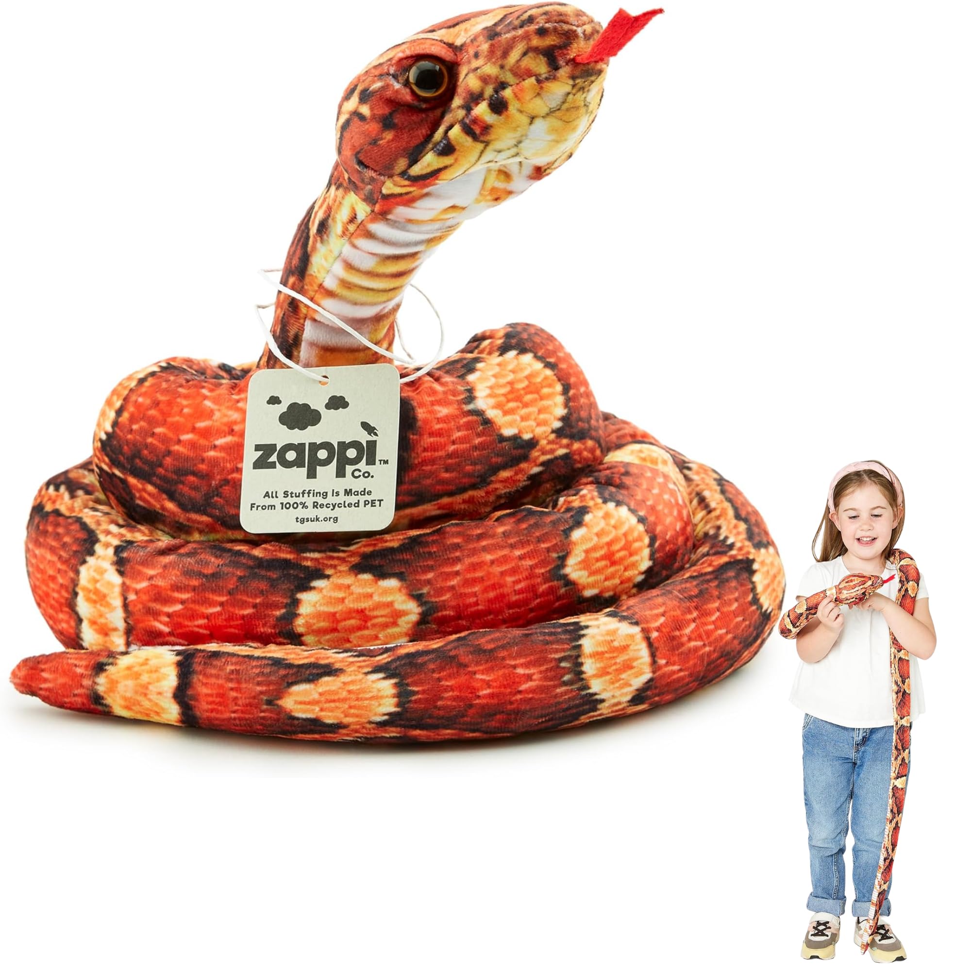 Zappi Co Kids Stuffed Soft Cuddly Plush Snake Toy - Part of Safari Animals Collection: Realistic and Lifelike, Perfect for Kids 180 cm Length(Orange/Black Corn Snake) — image 1